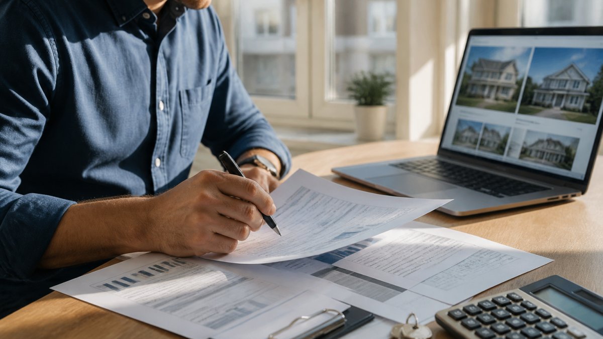 Infographic comparing bridge loan and traditional mortgage processes for real estate investors at a desk.