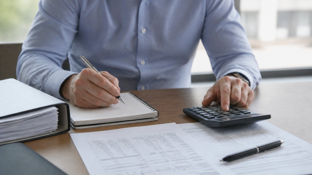 Professional real estate investor reviewing bridge loan documents and cost calculations at desk with calculator and notepad in modern office setting