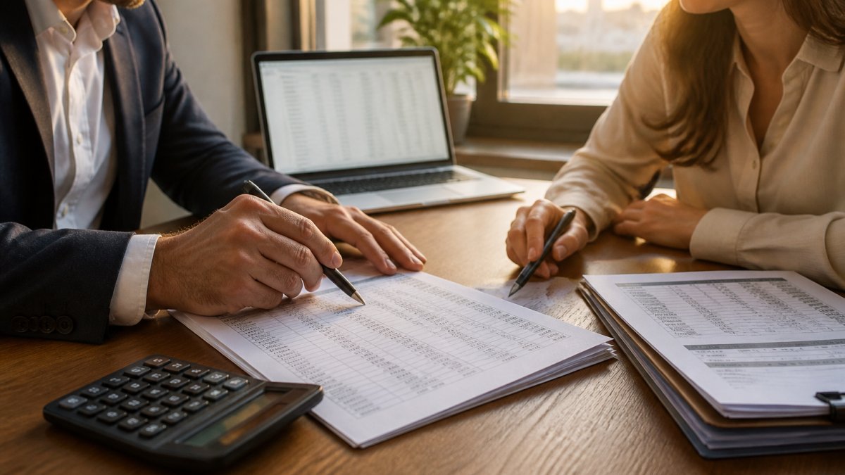 Infographic showing an investor and lender reviewing rent rolls and financial data for DSCR loan underwriting.