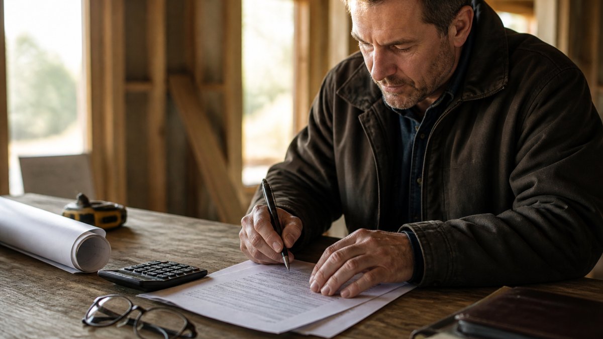 Close-up of a person's hands holding a pen over a loan agreement document on a wooden desk, with a calculator and reading glasses nearby, suggesting careful contract review