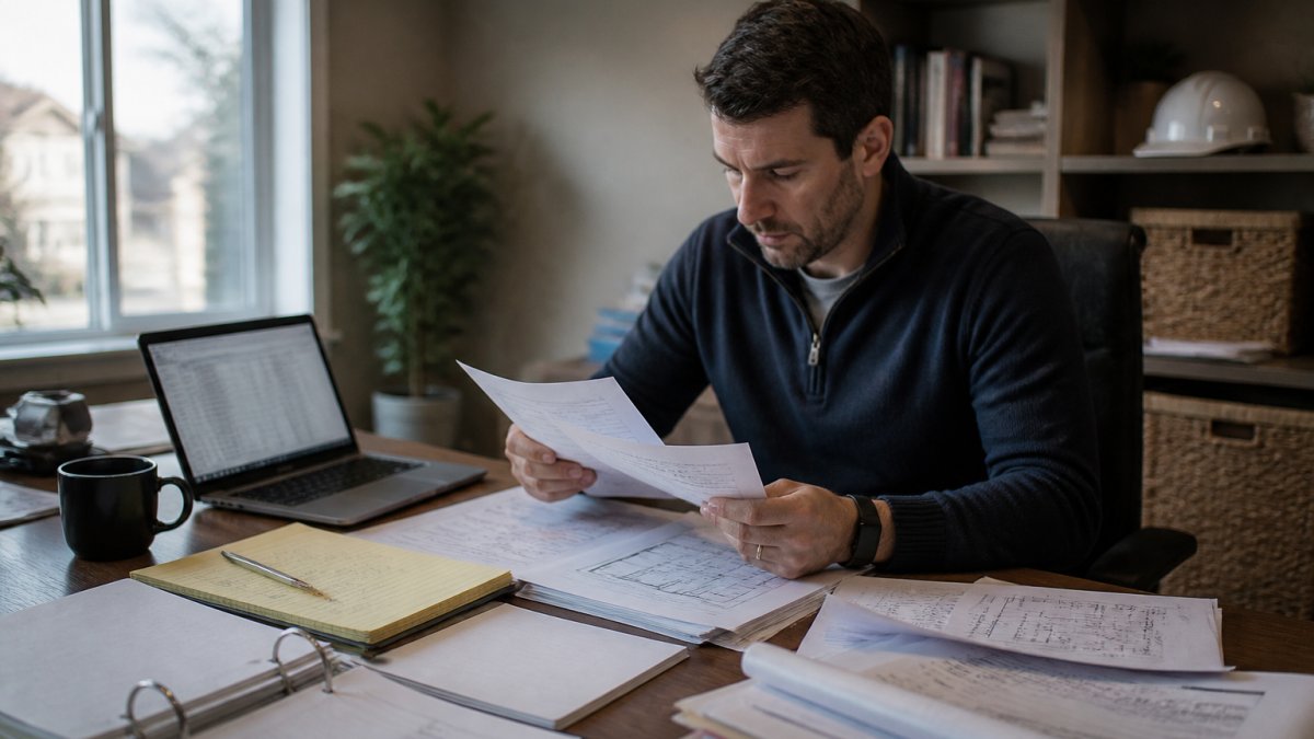 A real estate investor at a desk organizing project documents, blueprints, and a laptop showing a spreadsheet of renovation costs in a home office