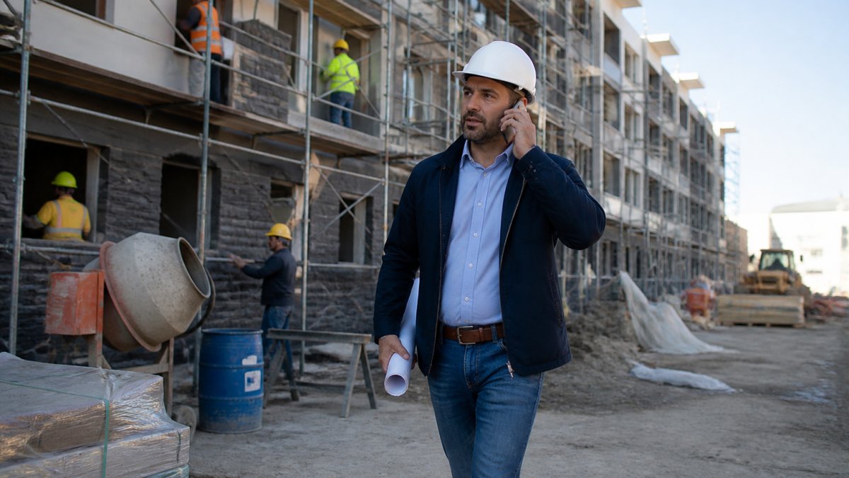 Construction workers in hard hats managing renovation work on apartment building exterior with scaffolding and equipment visible under daylight