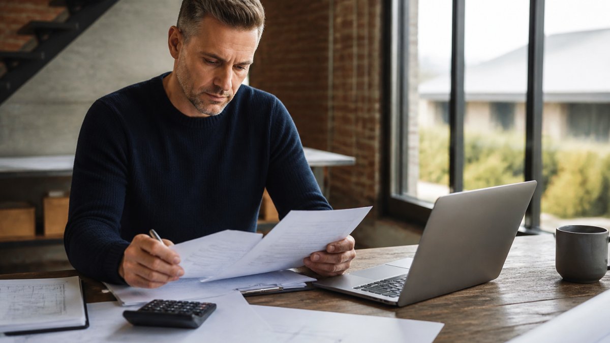 Real estate developer reviewing documents and blueprints to plan a hybrid funding real estate strategy at a desk.